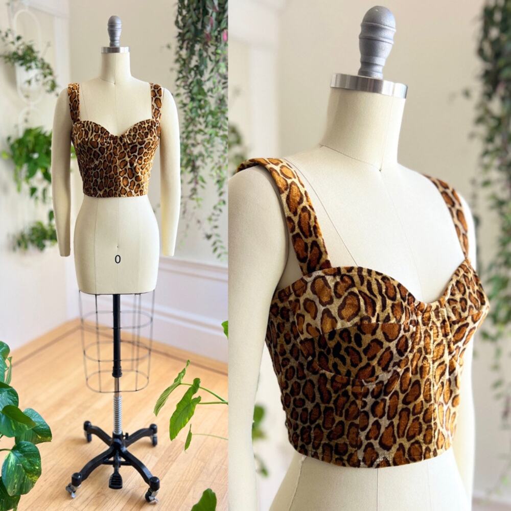 Vintage 1990s Bustier 90s Leopard Animal Print Pin Up Faux Fur Velvet Crop Top - Picture 1 of 9